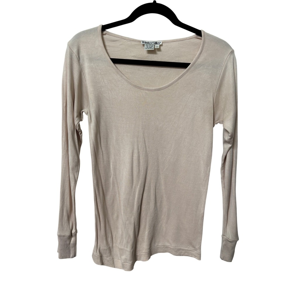 WinterSilks Womens Medium 100% Silk Long Sleeve Scoop Neck Top Beige Thermal